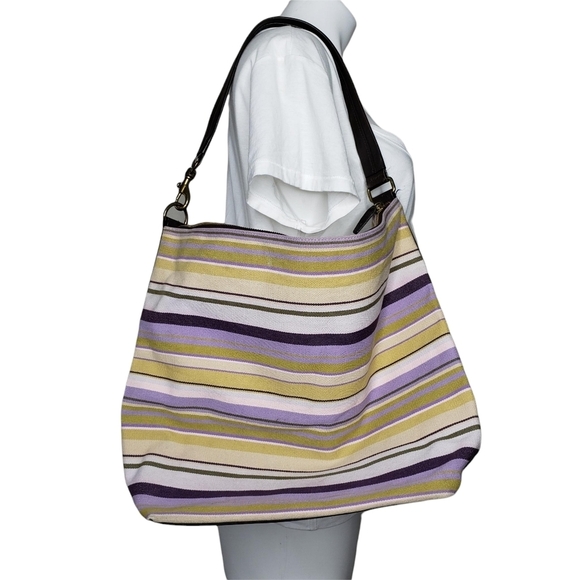 Ann Taylor | Retro Lavender Yellow Striped Fabric Shoulder Bag Purse Women's - Picture 1 of 11